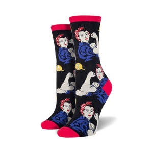 Lifestyle shot of Rosie the Riveter socks on a person's feet.