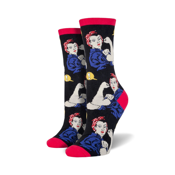 Lifestyle shot of Rosie the Riveter socks on a person's feet.