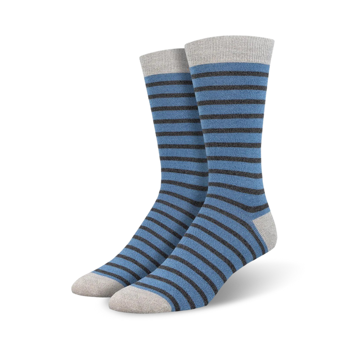 blue and gray striped bamboo socks with gray toe and heel.  