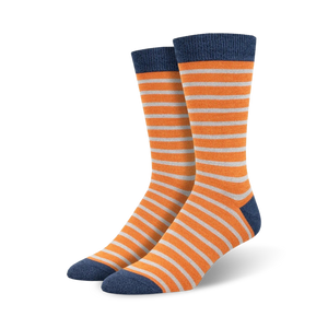 striped navy blue, orange and light blue mens bamboo blend crew socks.  