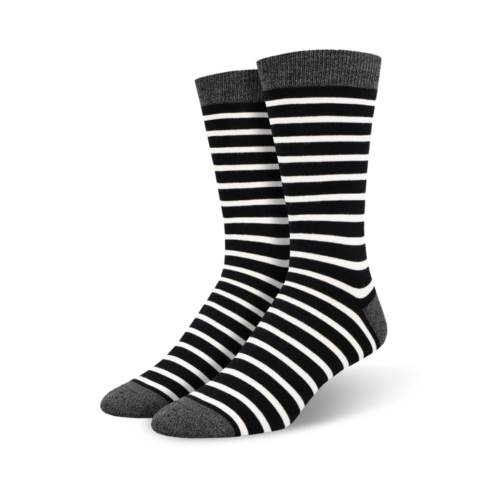 men's black and white striped bamboo socks with crew length.  