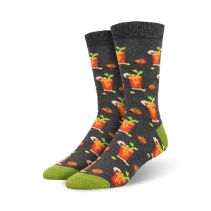 Pair of crew socks with a bloody mary cocktail design.  The socks are dark gray with orange and green accents.