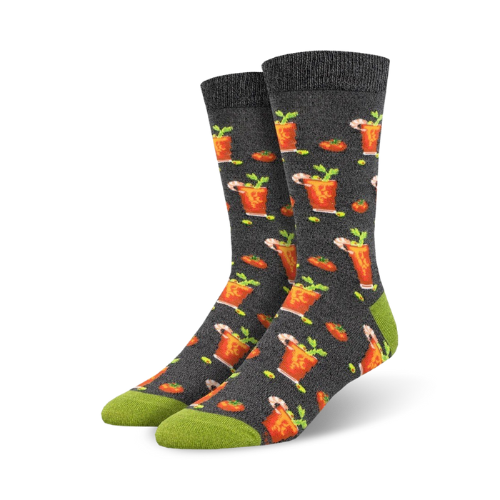 crew length men's socks with a pattern of bloody marys: red circles with green olives and shrimp.  