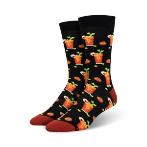 black crew socks for men featuring an all-over pattern of bloody mary cocktails garnished with olives and celery.   
