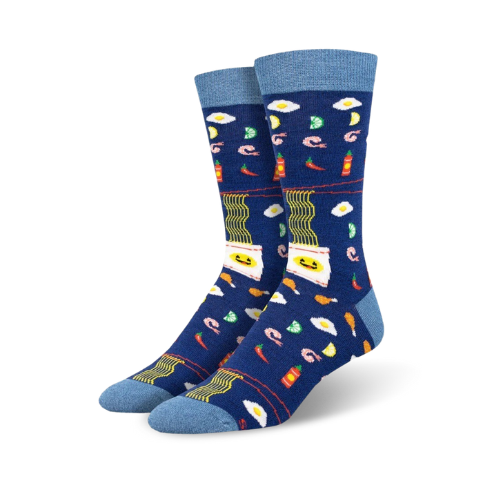mens blue crew socks with pattern of ramen noodles, eggs, shrimp, green onions and chili peppers.    }}