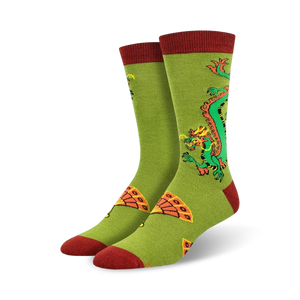 Pair of crew socks in olive green and maroon.  Features a colorful dragon and hand fan design.
