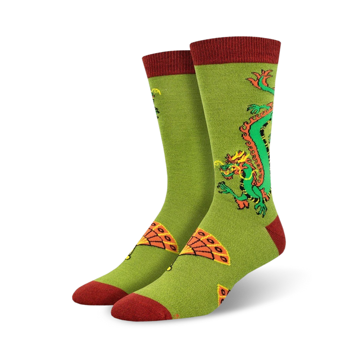 Pair of crew socks in olive green and maroon.  Features a colorful dragon and hand fan design.
