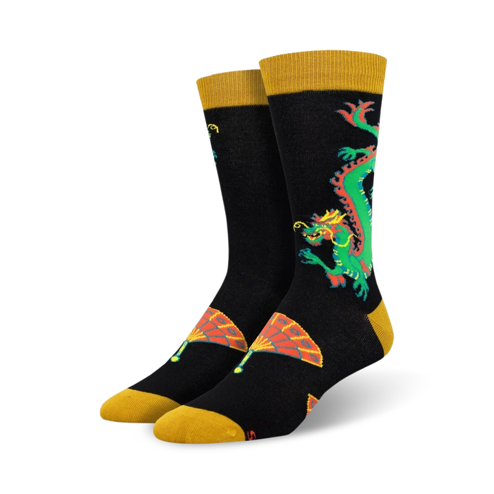 black crew socks with green and red dragon and fan detail 
