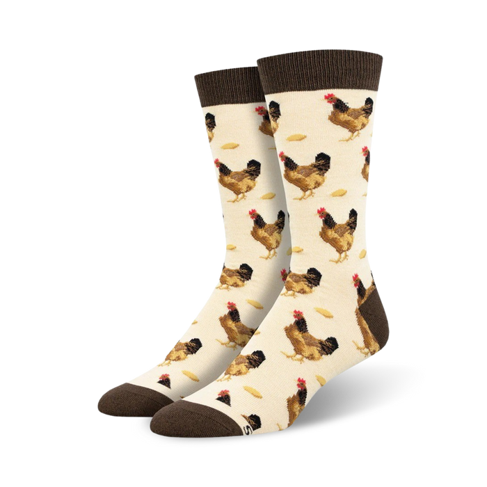 mens brown and white crew length chicken and egg patterned socks made with bamboo   }}
