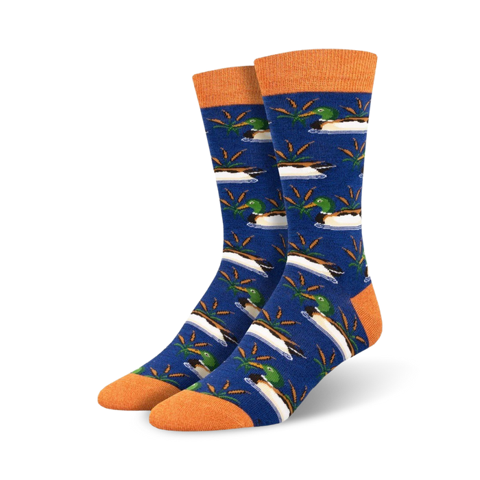 blue socks with green and orange mallards in pond. crew length for men.   }}