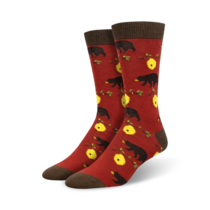 burgundy bamboo crew socks for men with a playful pattern of black bears scaling vines to reach beehives and honey.  
