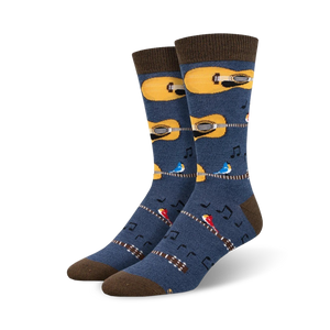 sock it to 'em with groovy guitar melodies and birds on these bamboo blend crew socks for men.  