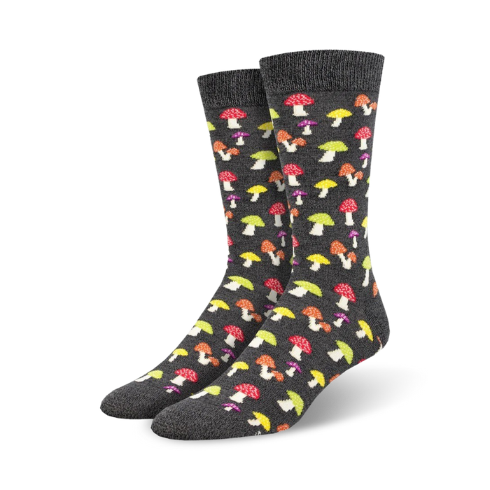 bamboo crew socks for men with a colorful, mushroom-themed pattern.    }}