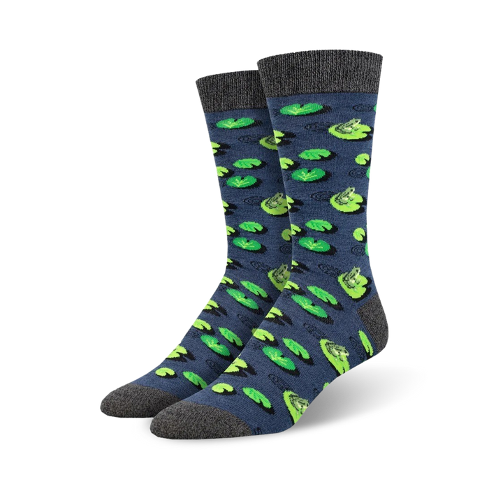 dark blue leaping lily pads bamboo crew socks with green lily pads and lime-green frogs.    }}