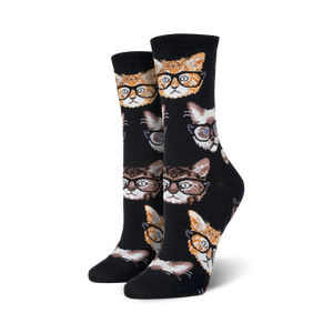 Pair of black crew socks with a repeating pattern of cats wearing glasses.  The cats are orange, tan, and gray.
