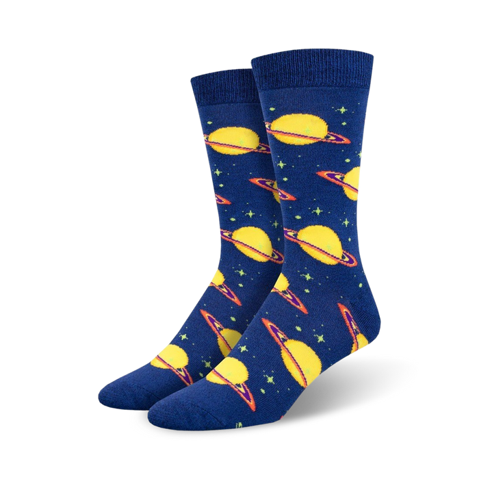 mens blue saturn planet crew socks with orange ring and constellation stars    }}