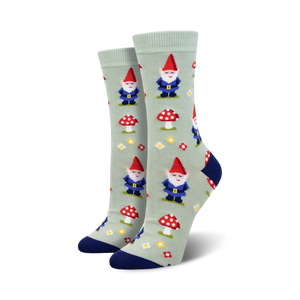 bright red and white toadstools, blue and white flowers with yellow center, red gnome hats, women's crew socks novelty bamboo.   