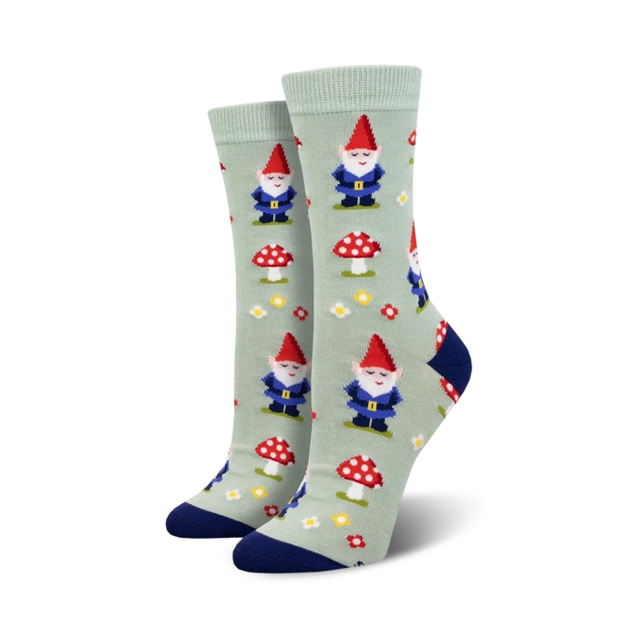 bright red and white toadstools, blue and white flowers with yellow center, red gnome hats, women's crew socks novelty bamboo.   