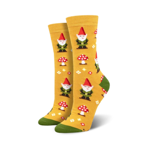 yellow bamboo crew socks for women featuring red-capped mushrooms, gnomes and white flowers with yellow centers on a green toe and heel with a yellow cuff.