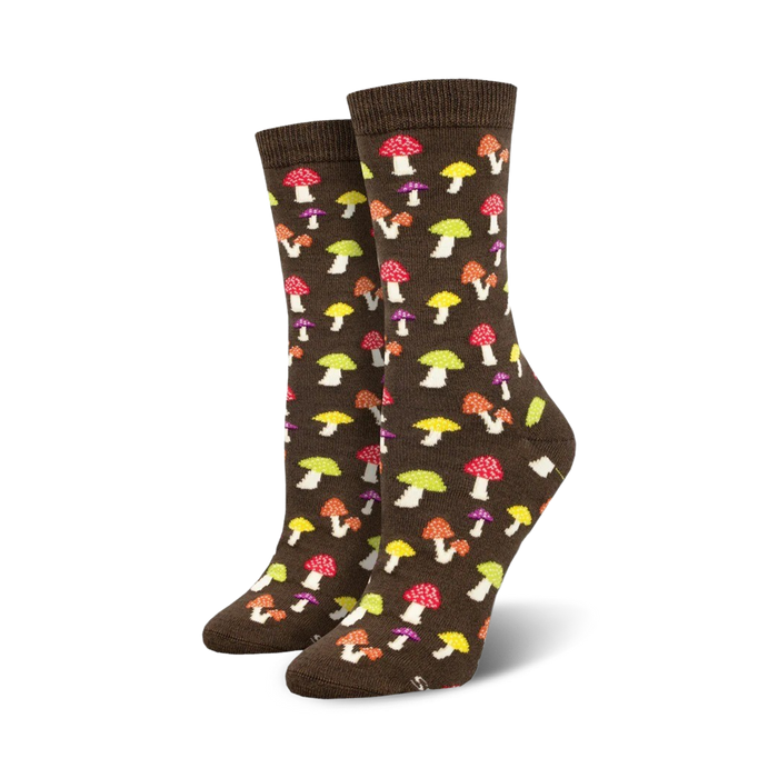  brown crew socks with colorful mushroom pattern for women    }}