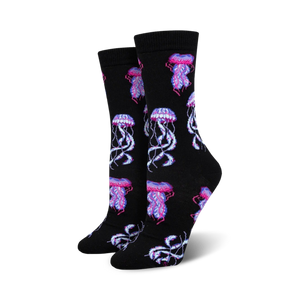 Pair of women's crew socks, black background with pink and purple jellyfish pattern. Made from bamboo material.