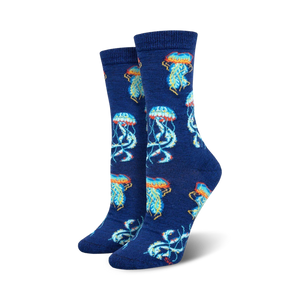 Lifestyle shot showing the Deep Sea Jellies socks on a person's feet, highlighting the sock's color and design in a real-world setting.