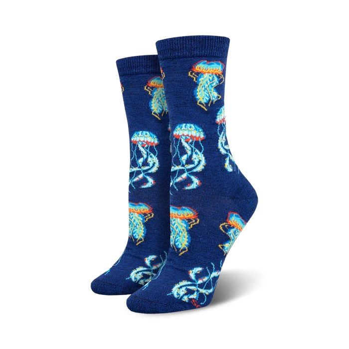 Lifestyle shot showing the Deep Sea Jellies socks on a person's feet, highlighting the sock's color and design in a real-world setting.
