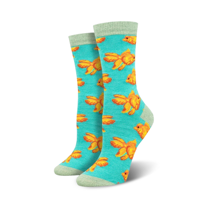 blue crew socks with cartoon goldfish pattern.    }}