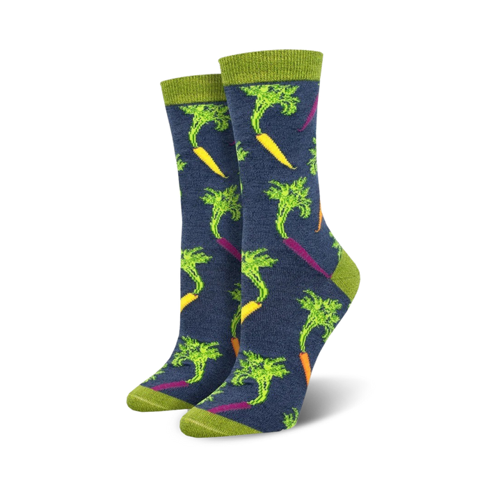 A pair of women's crew socks in navy blue with a colorful carrot pattern. The carrots are orange, yellow, and purple, with green tops, on a dark blue background. Lime green cuffs. }}