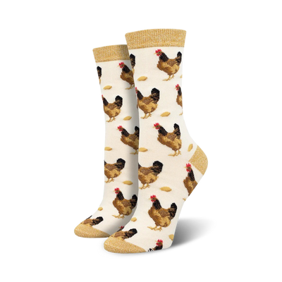 Pair of cream women's crew socks with brown chickens and light brown feed scattered across them. The socks have a gold-colored cuff.