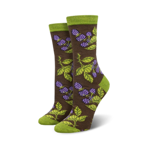 Pair of women's crew socks. Brown and purple blackberry design on a brown background. Green top cuff.