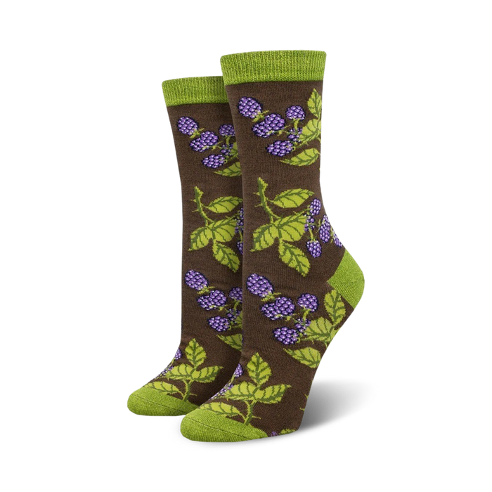 Pair of women's crew socks. Brown and purple blackberry design on a brown background. Green top cuff.