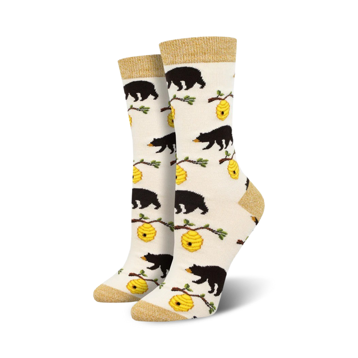  black bear and beehive pattern crew socks for women made of bamboo.  
