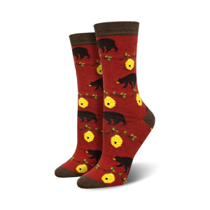 burgundy red crew socks with black bears climbing beehives and green leaves. womens size.  