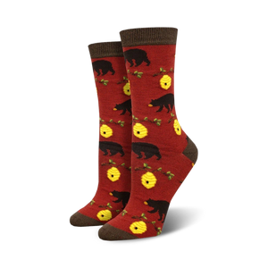 Red crew socks with black bear and honeycomb design.  Brown top cuff.