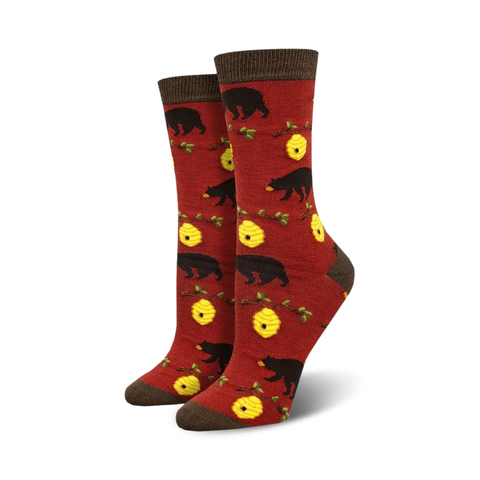 burgundy red crew socks with black bears climbing beehives and green leaves. womens size.  