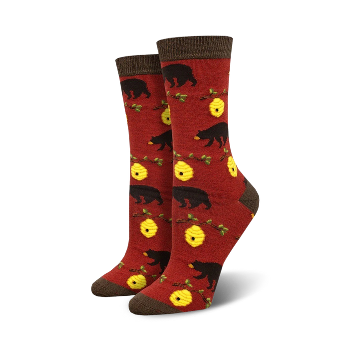 Red crew socks with black bear and honeycomb design.  Brown top cuff.
