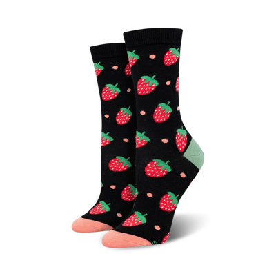 Pair of women's crew socks; black background with red strawberries and peach accents; soft bamboo fabric.