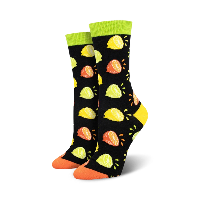 citrus squeeze bamboo crew socks featuring lemons, limes, and oranges crew length, made for women   }}