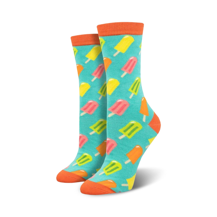 blue crew socks with allover multi-colored popsicle pattern.   }}