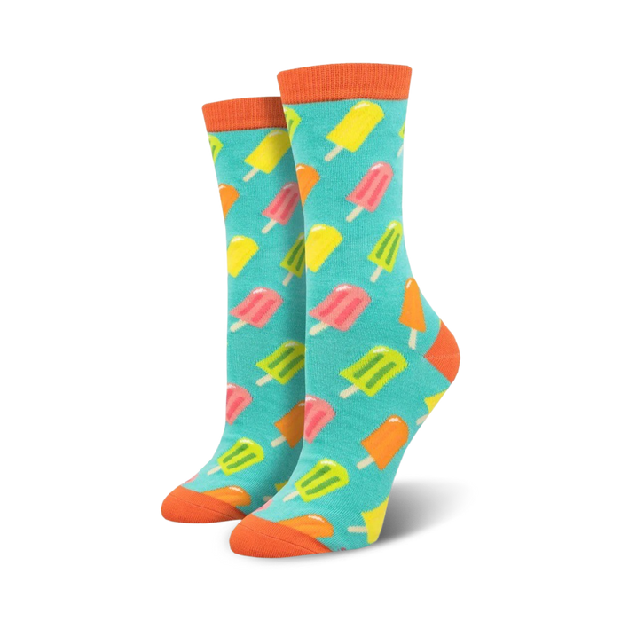 Pair of crew socks with a teal background and colorful popsicle pattern. Orange-topped cuffs. }}
