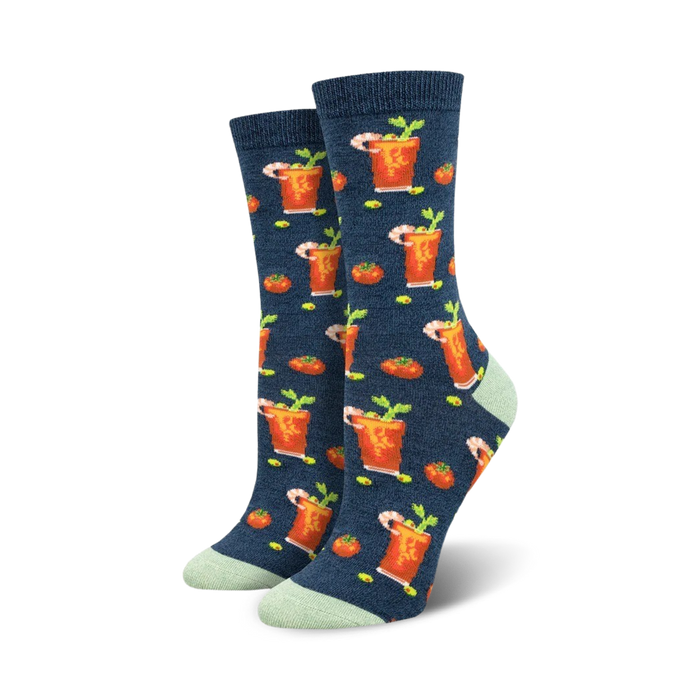bloody mary bamboo crew socks feature tomatoes, celery, olives, and shrimp woven into the bloody mary pattern.   }}