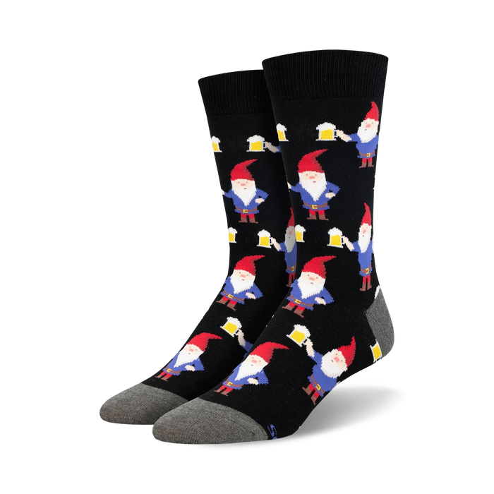 Pair of black crew socks featuring a repeating pattern of red-hatted gnomes holding beer steins. Gnomes are blue and red against a black background. }}