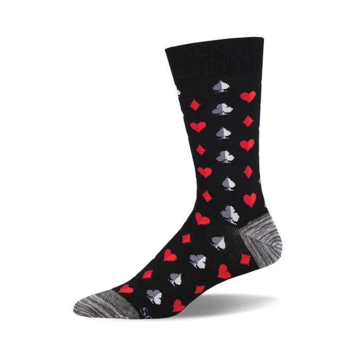 Black crew socks with a pattern of red and gray playing card suits. A stylish and fun addition to any wardrobe. }}