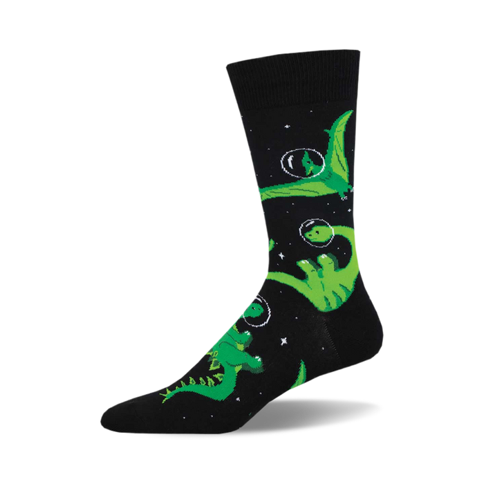 Crew socks in black with a fun design of green dinosaurs floating in space inside bubbles. }}