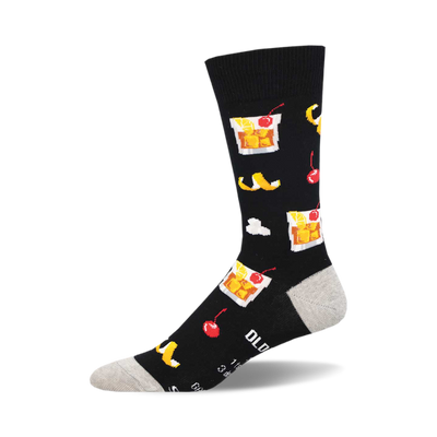 Black crew socks with a repeating pattern of Old Fashioned cocktails, cherries, and lemon twists.