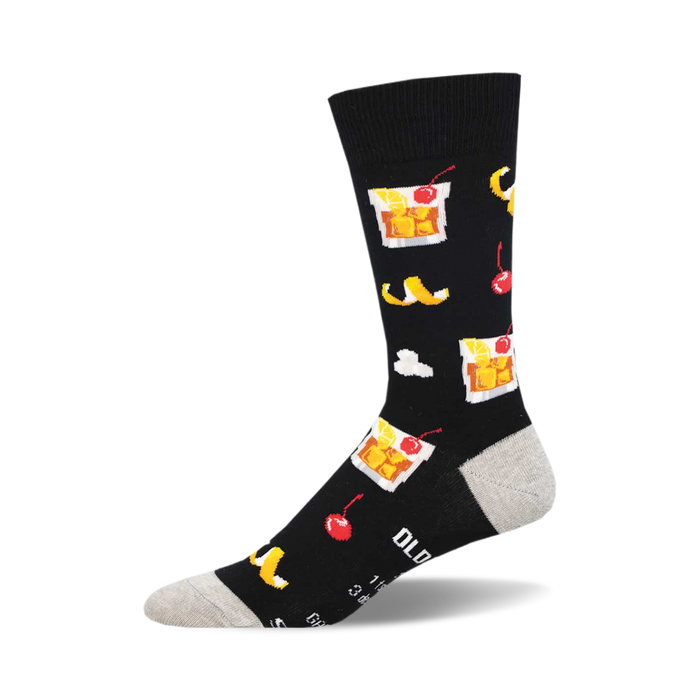 socks that are black with a pattern of lemons, cherries, ice cubes, and glasses with amber liquid. }}