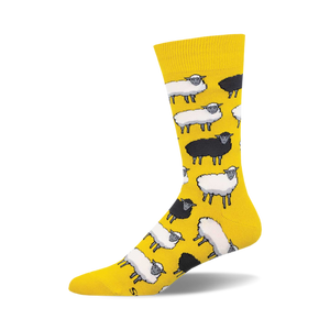 Crew socks featuring a pattern of black and white sheep on a yellow background.