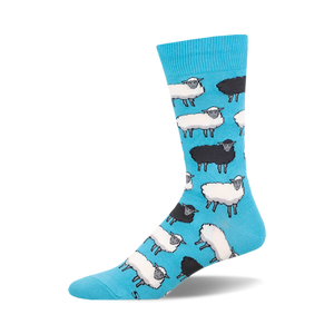 A close-up of Black Sheep crew socks in teal featuring a pattern of black and white sheep.
