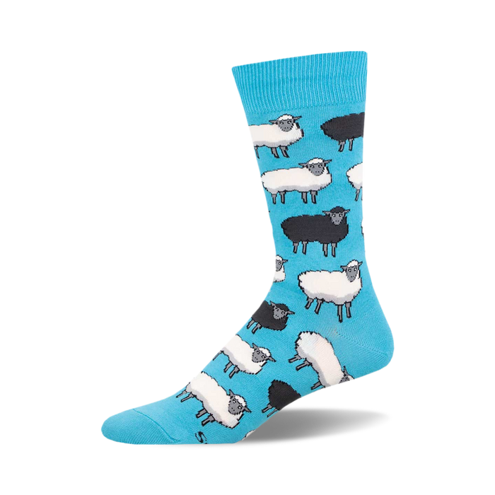 A close-up of Black Sheep crew socks in teal featuring a pattern of black and white sheep.
